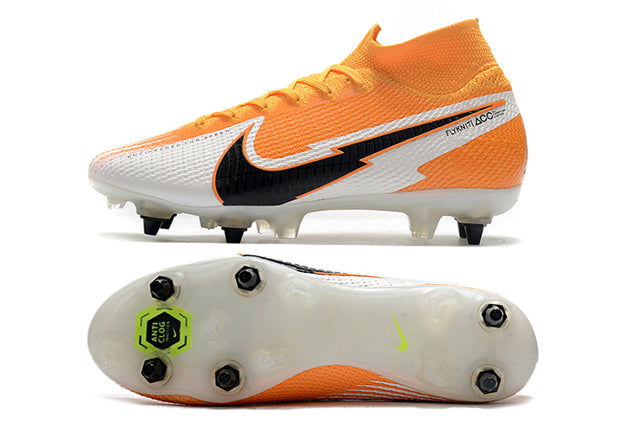 Chuteira Campo Nike Mercurial Superfly 7 Elite SG-PRO Anti Clog Branco e Laranja - Cano Alto